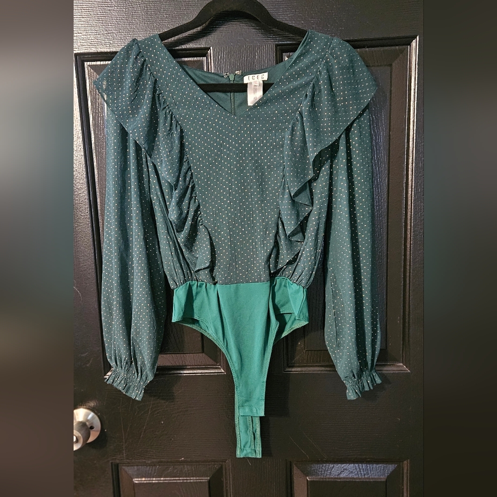 Teal Polka Dot Ruffle Bodysuit emerald green with gold. Size Small